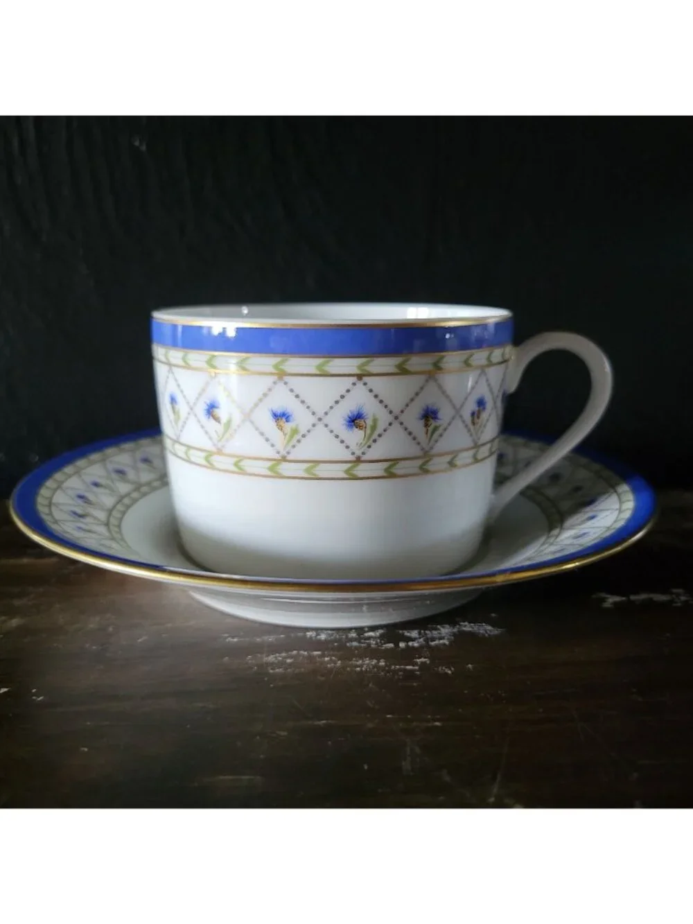 Haviland Limoges Val De Loire Blue Band Cornflower Pattern Flat Cup & Saucer Set
